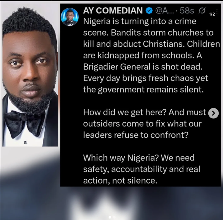 Comedian AY Makun raises alarm over rising insecurity in Nigeria