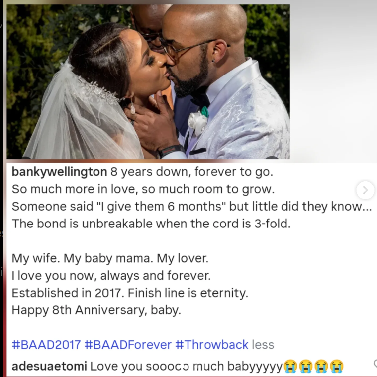 Banky W melts hearts as he celebrates 8th wedding anniversary with Adesua Etomi