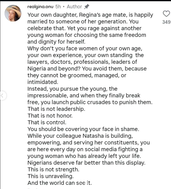Actress Gina Onuoha fires back at Senator Ned Nwoko over Regina Daniels drug test, calls his reaction control, not love