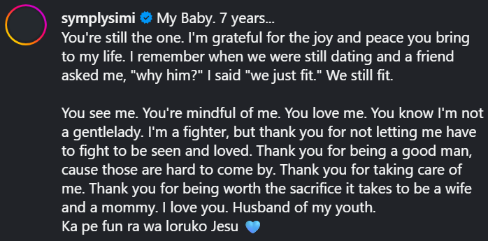 Adekunle Gold and Simi celebrate 7 years of marriage with heartfelt love notes