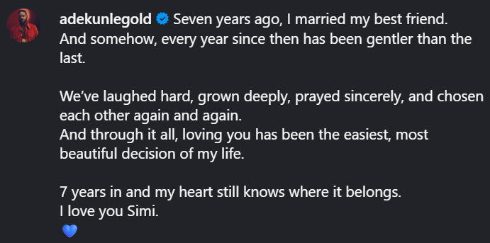Adekunle Gold and Simi celebrate 7 years of marriage with heartfelt love notes