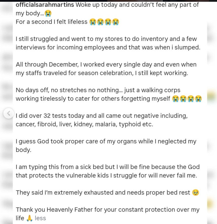 Actress Sarah Martins hospitalised after slumping from extreme exhaustion