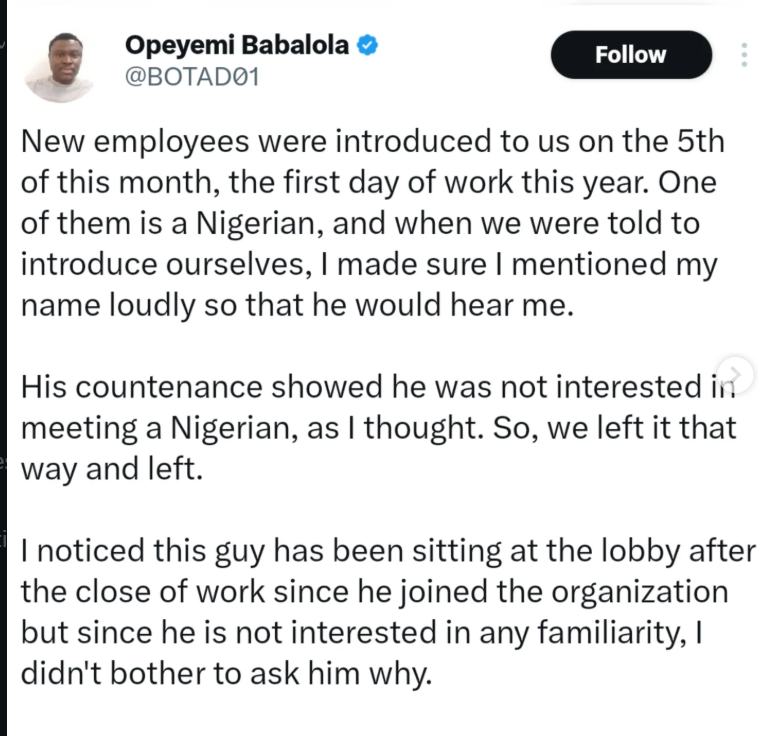 Nigerian man shares how his colleague avoided him at work only to discover they lived three streets apart