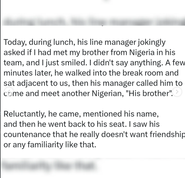 Nigerian man shares how his colleague avoided him at work only to discover they lived three streets apart