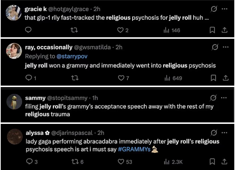 Singer, Jelly Roll sparks backlash after Jesus-filled Grammy acceptance speech