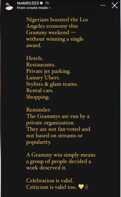 ?Nigerians still ran the Grammys weekend? ? Music executive, Teebillz reacts despite no wins