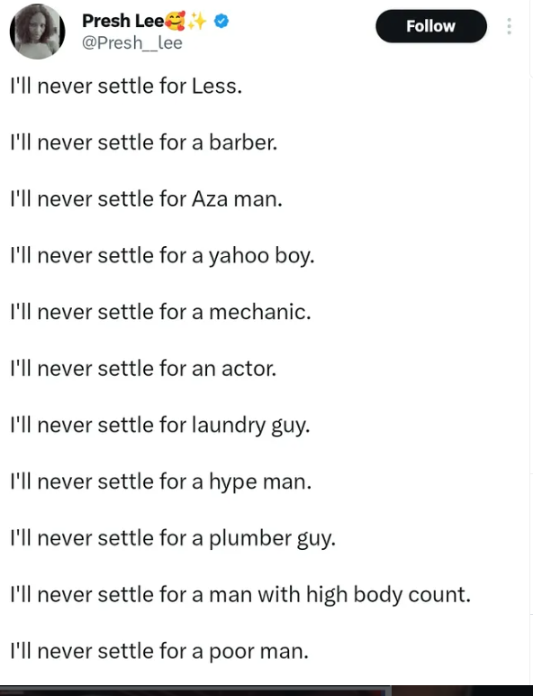 ?I?ll never settle for a barber, yahoo boy or a poor man? ? Nail tech?s list of men she says she can?t marry sparks reactions online