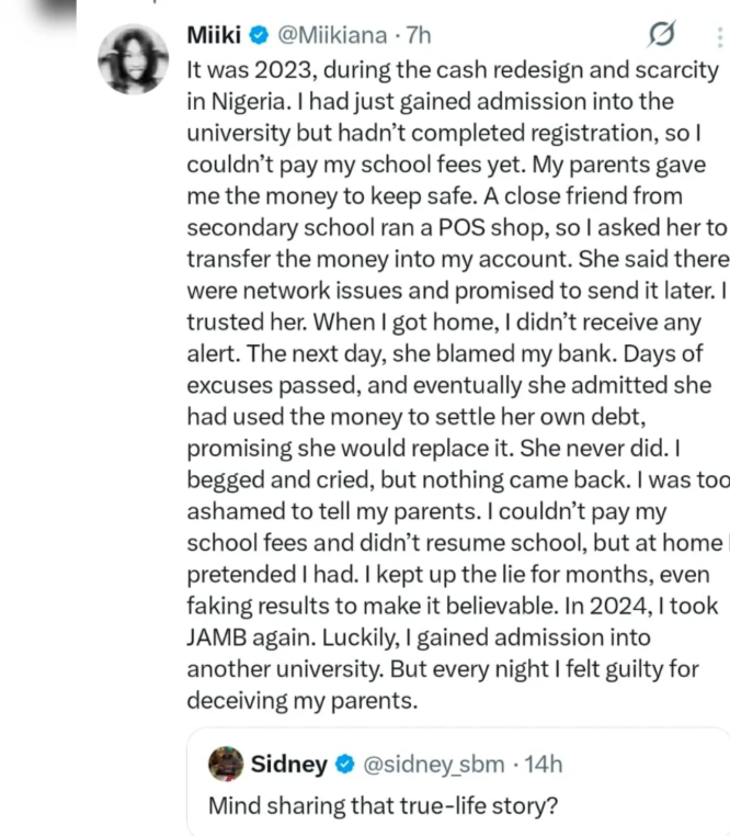 ?I trusted my friend with my school fees? she spent it? ? X user shares heartbreaking true-life story