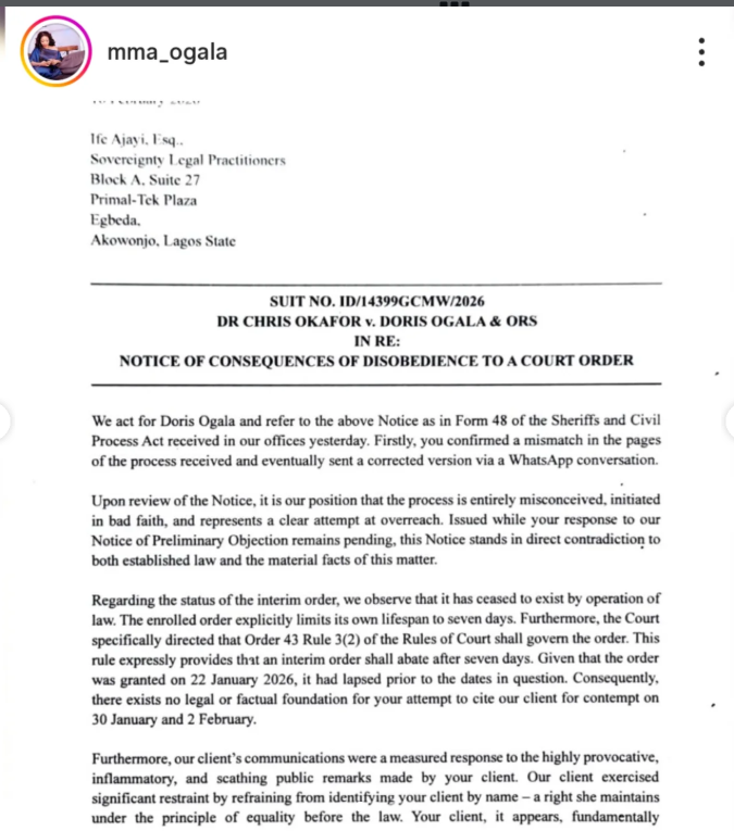 Doris Ogala's legal document shared on Instagram