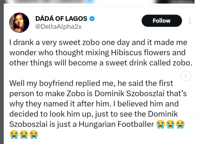 Lady googles Dominik Szoboszlai after boyfriend claims he invented zobo, discovers hes just a footballer