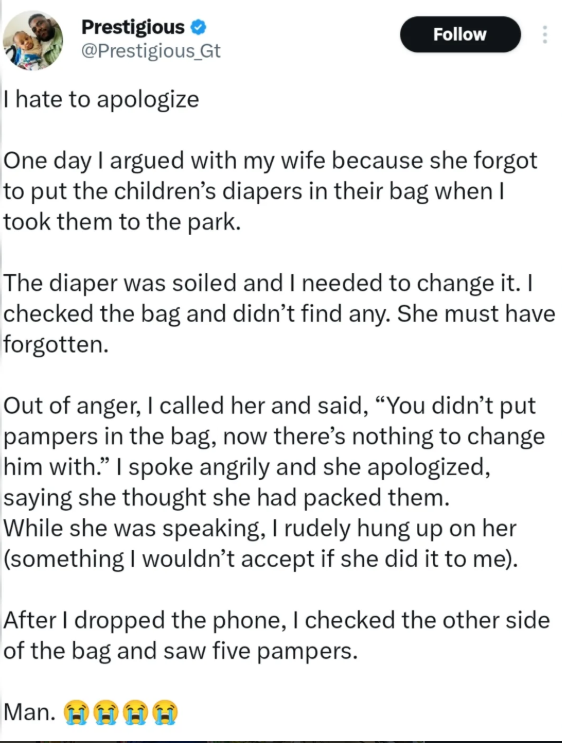 ?I Hate To Apologize? ? Man shares how he yelled at his wife over missing diapers? only to find them inside the same bag