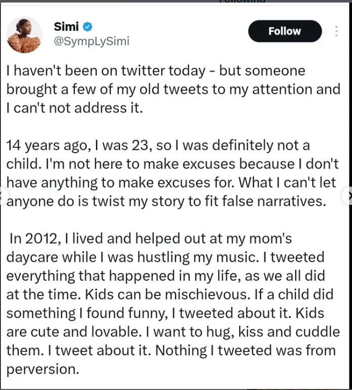 Simi addressing old tweet controversy