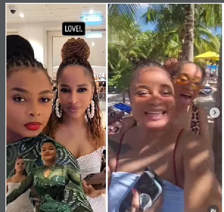 Moment Actress Bimbo Ademoye panics mid-air while parasailing with friend and colleague Adesua Etomi