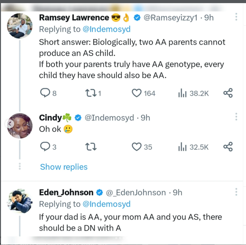 âMy Dad is AA and my Mom is AA but Iâm ASâ â X user seeks explanation over genotype confusion