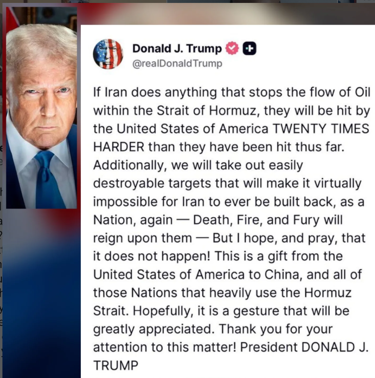 President Trump threatens Iran over Strait of Hormuz, warns of âdeath, fire and furyâ