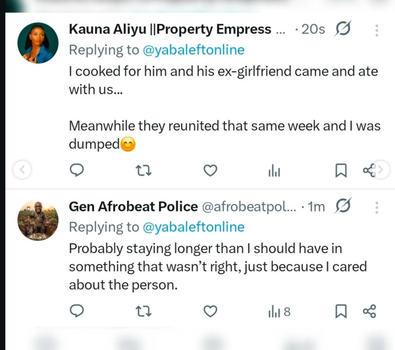 I cooked for him, his ex came and ate, then they got back together reactions as X user asks worst thing people have done for love