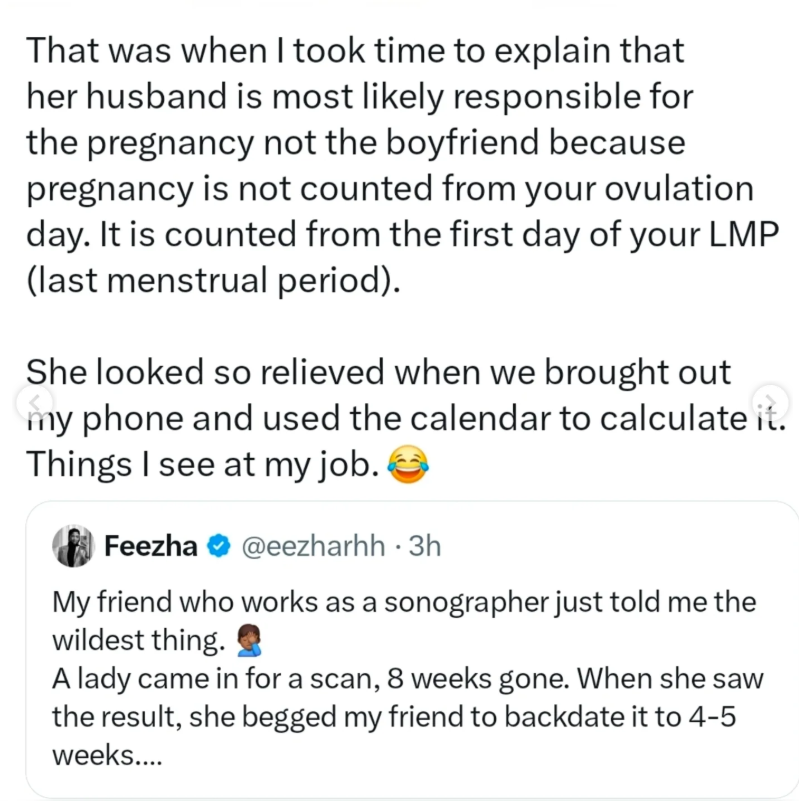 X user narrates how a woman backdated pregnancy scan to match husbands timeline, another shares similar experience