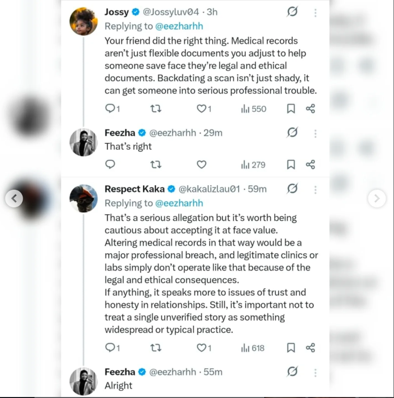 X user narrates how a woman backdated pregnancy scan to match husbands timeline, another shares similar experience