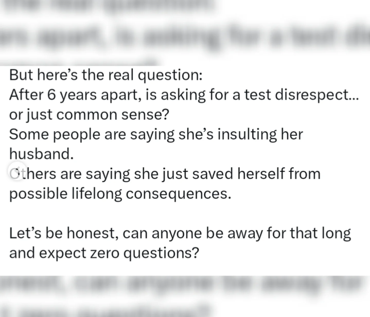 X user shares story of man upset after wife asked for protection and test following his return from abroad