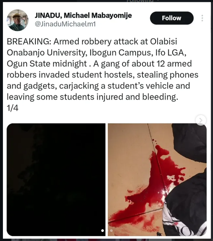 Armed robbers allegedly invade OOU Ibogun campus hostels, shoot sporadically, injure students
