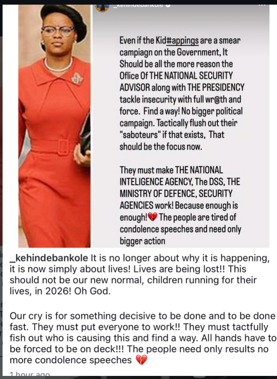 Actress Kehinde Bankole calls for urgent action over rising insecurity, urges government to move beyond condolence speeches