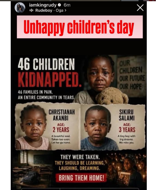 Toke Makinwa, Rudeboy, Ruth Kadiri others mark Childrens Day with unhappy Childrens Day message over abducted Oyo children