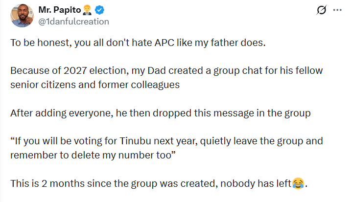 Delete my number - X user shares father?s strict warning to friends ahead of 2027 election