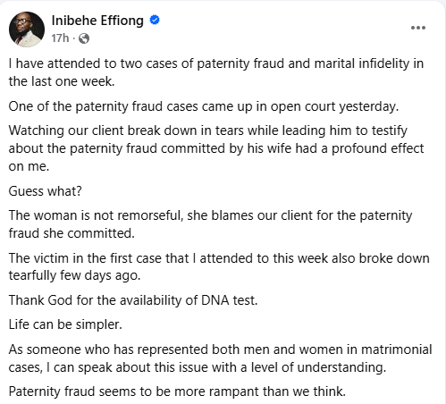 Our client broke down in tears but his wife wasn't remorseful - Human rights lawyer, Inibehe Effiong shares experience handling paternity fraud cases