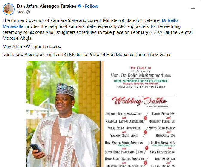 Minister of State for Defence, Bello Matawalle set to marry off 9 of his children same day