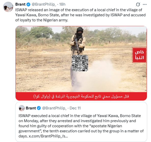 ISWAP executes local chief in Borno after accusing him of loyalty to Nigerian Government and Army