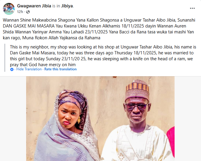 Wife allegedly st@bs husband to d3ath three days after wedding in Katsina