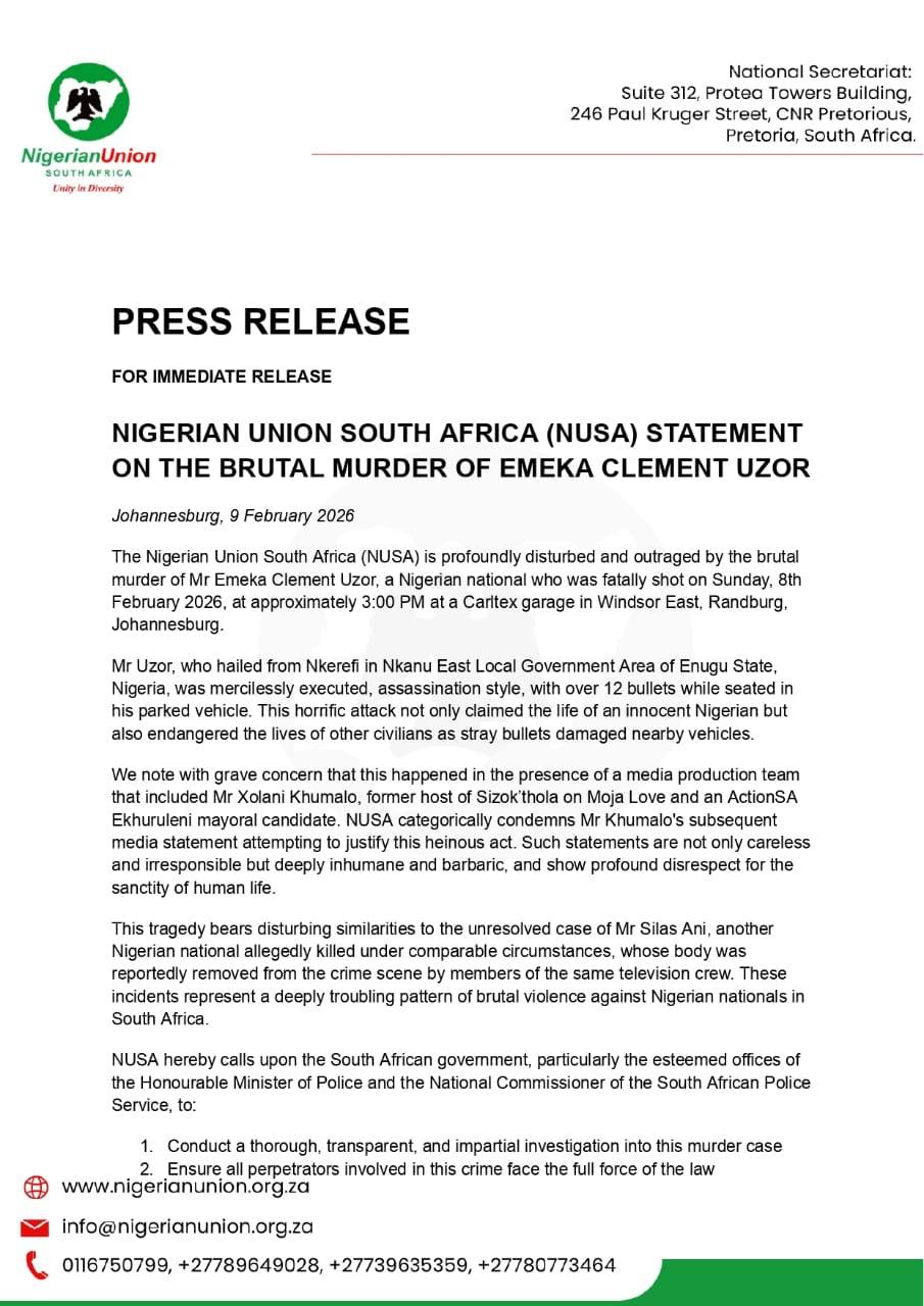 NUSA condemns condemns m8rder of Nigerian man Emeka Clement Uzor in South Africa