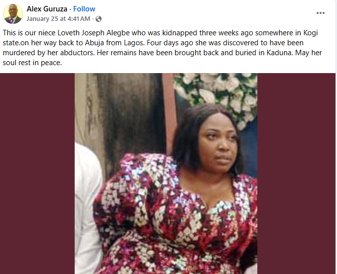 Corpses of abducted Kaduna-based woman and interstate driver found in Kogi forest despite N3.5m ransom payment