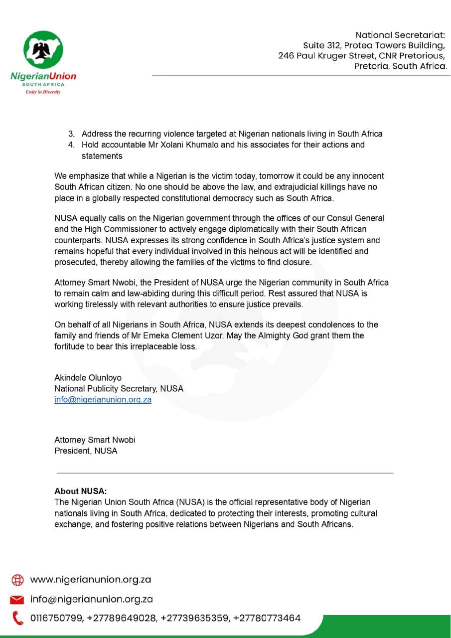 NUSA condemns condemns m8rder of Nigerian man Emeka Clement Uzor in South Africa