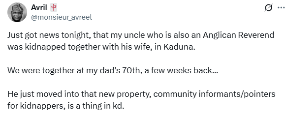 Gunmen kidnap Anglican priest and his wife in Kaduna