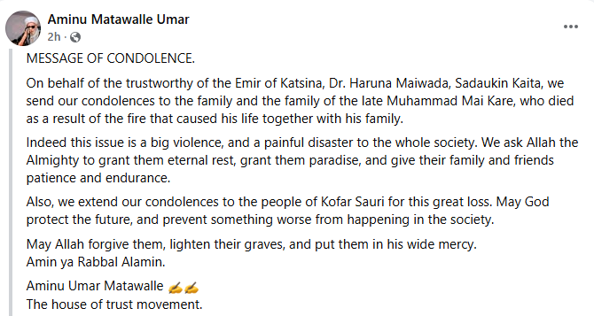 Couple and their 3 children perish in Katsina fire incident