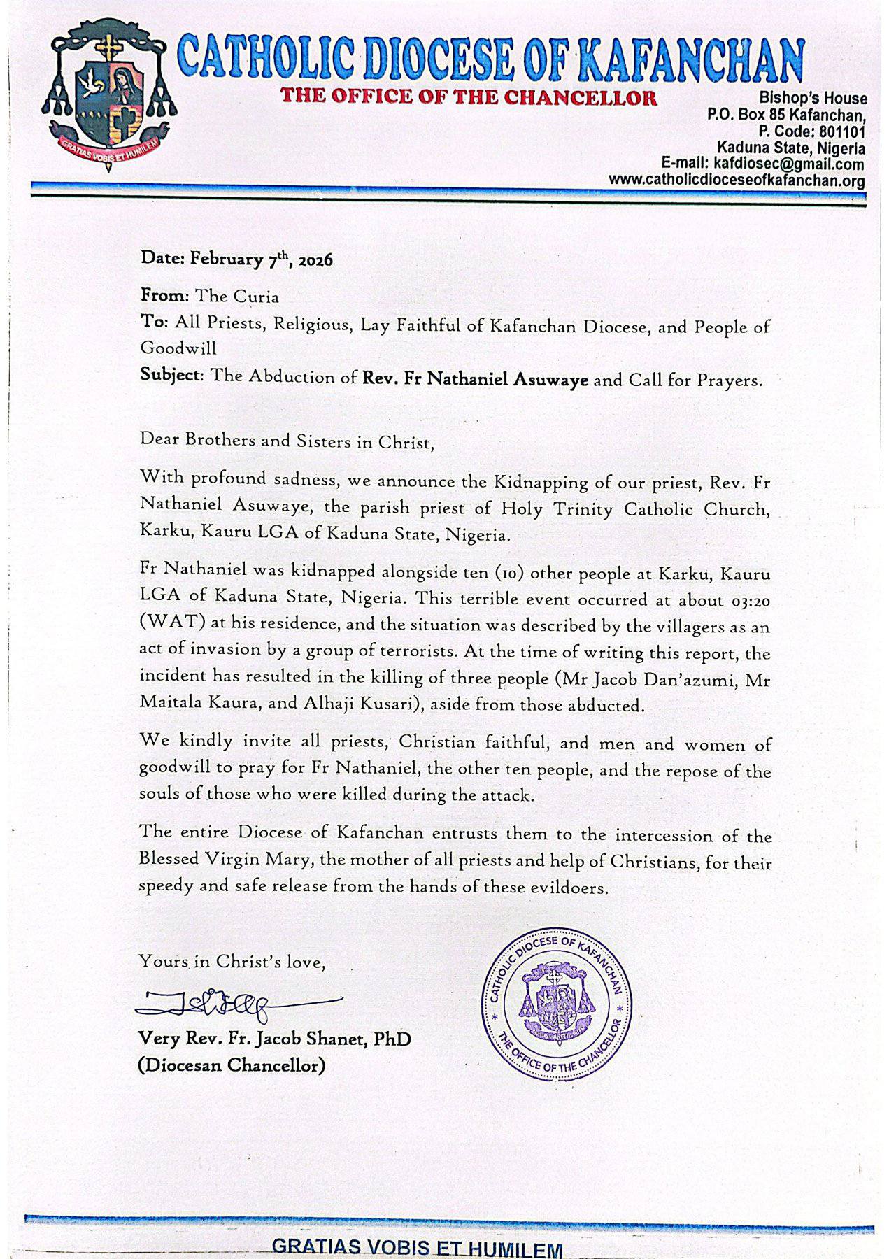 Bandits k!ll three, abduct Catholic priest and 10 others in Kaduna