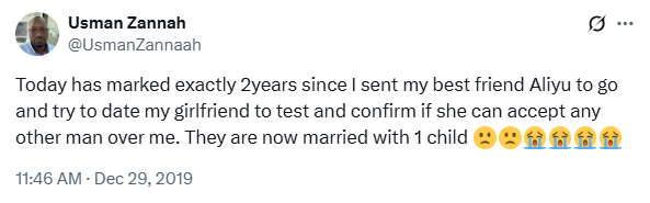 They are now married with 3 kids - Nigerian man marks 8 years since he sent his best friend to go and test his girlfriend