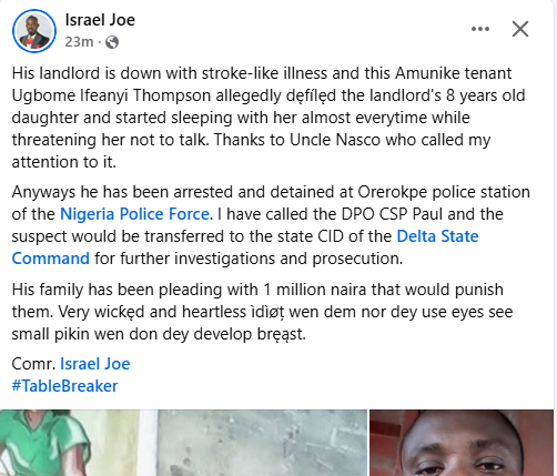 Man arrested for allegedly def!ling his landlord's 8-year-old daughter in Delta