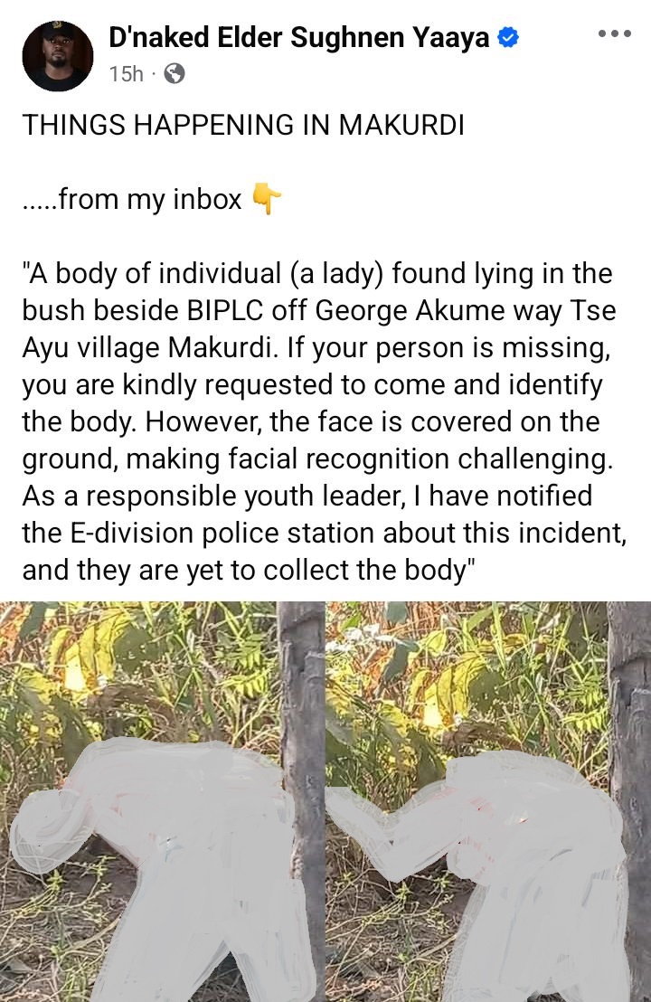 Body of unidentified woman discovered in Makurdi