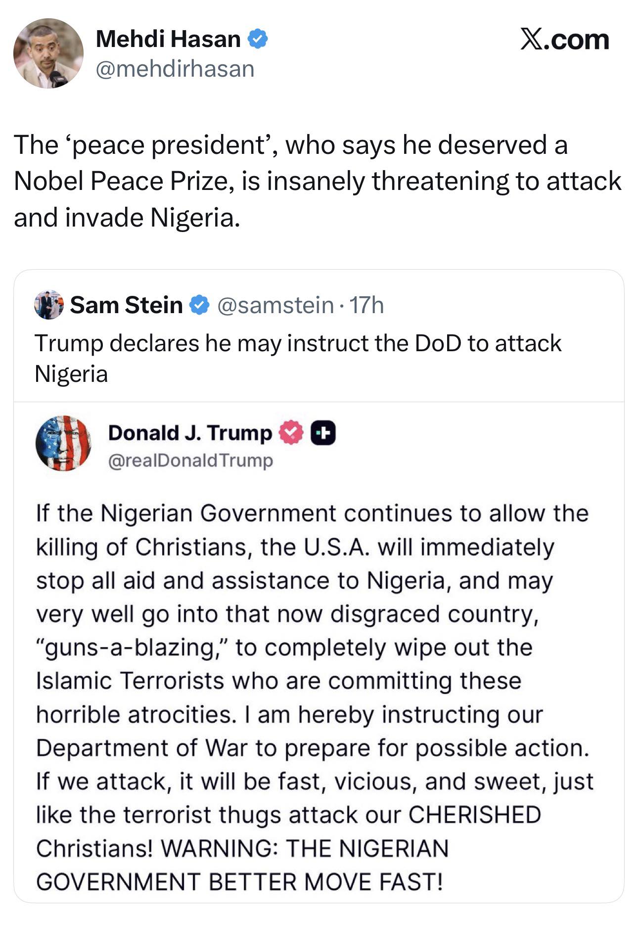 Former Aljazeera and MSNBC host Mehdi Hasan calls out President Donald Trump over threats of war against Nigeria over k!lling of Christians