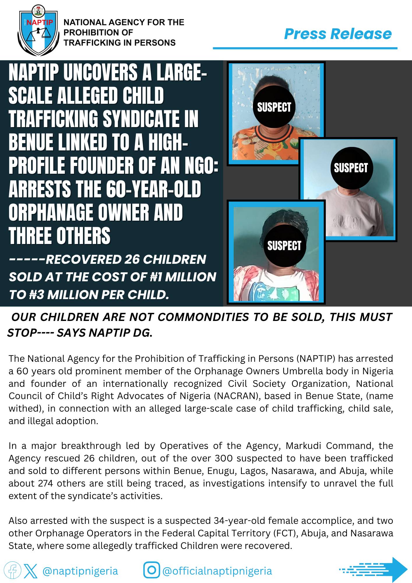 NAPTIP uncovers large-scale child trafficking syndicate in Benue linked to high-profile NGO founder, arrests orphanage owner and rescues 26 children