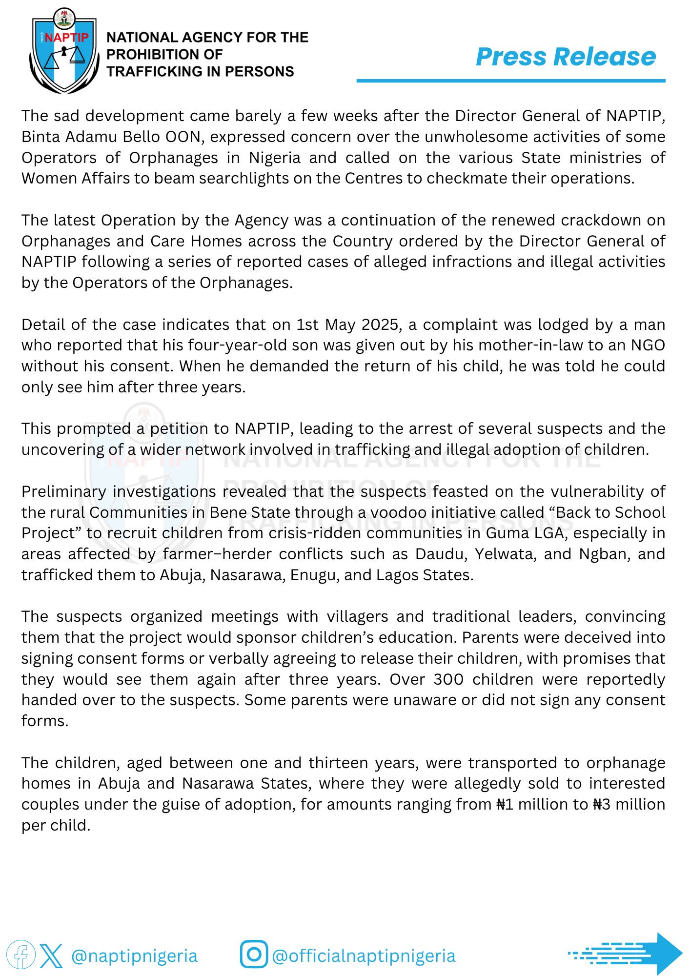 NAPTIP uncovers large-scale child trafficking syndicate in Benue linked to high-profile NGO founder, arrests orphanage owner and rescues 26 children