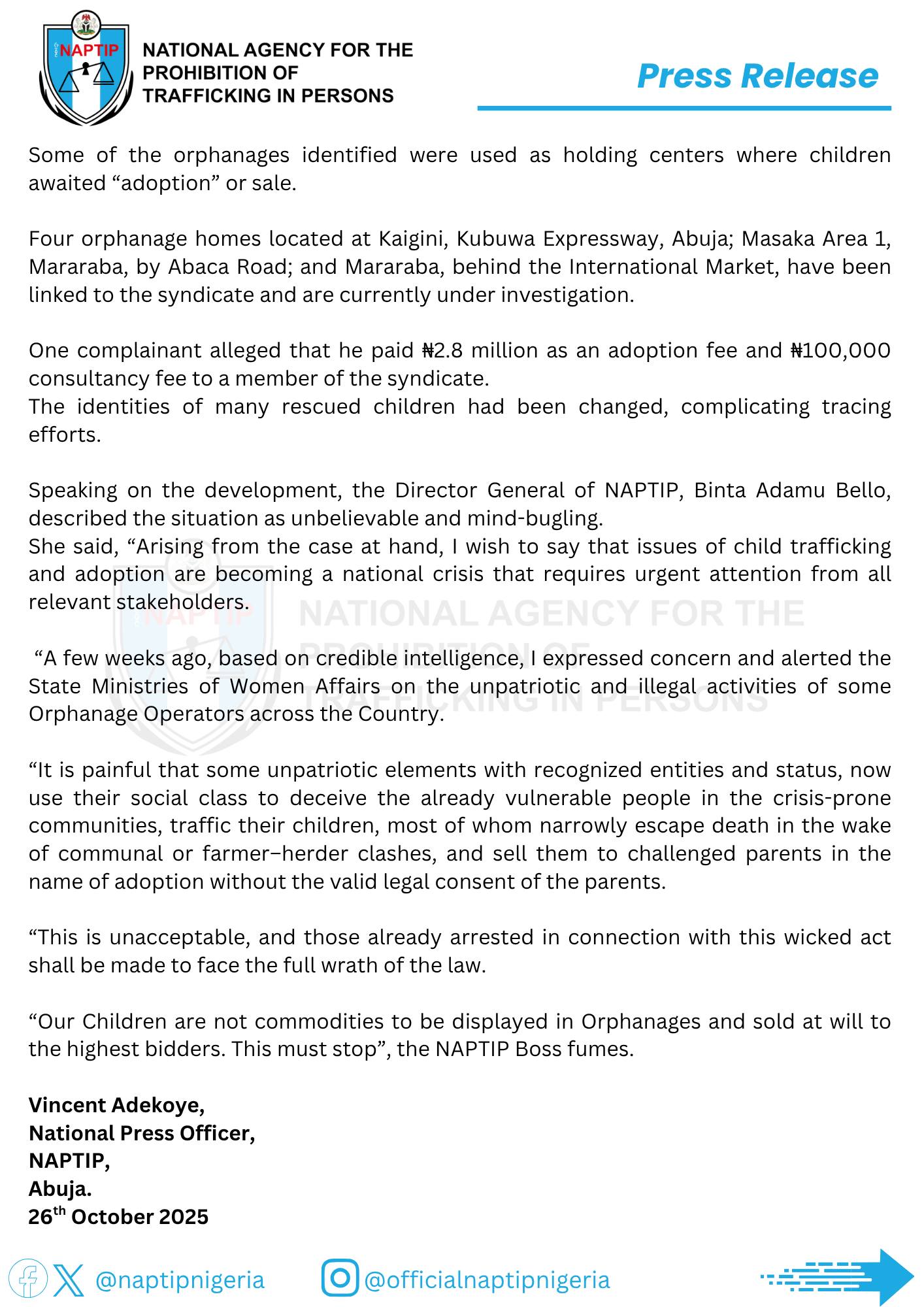 NAPTIP uncovers large-scale child trafficking syndicate in Benue linked to high-profile NGO founder, arrests orphanage owner and rescues 26 children