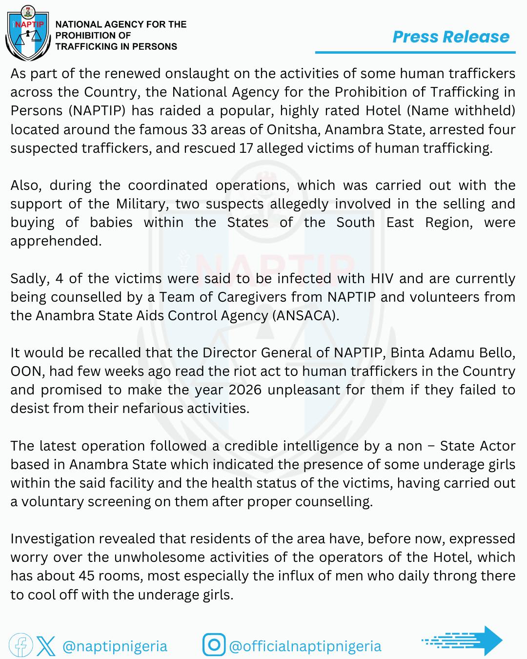 NAPTIP raids popular Onitsha hotel, arrests four, rescues 17 victims trafficked for pr0stitution