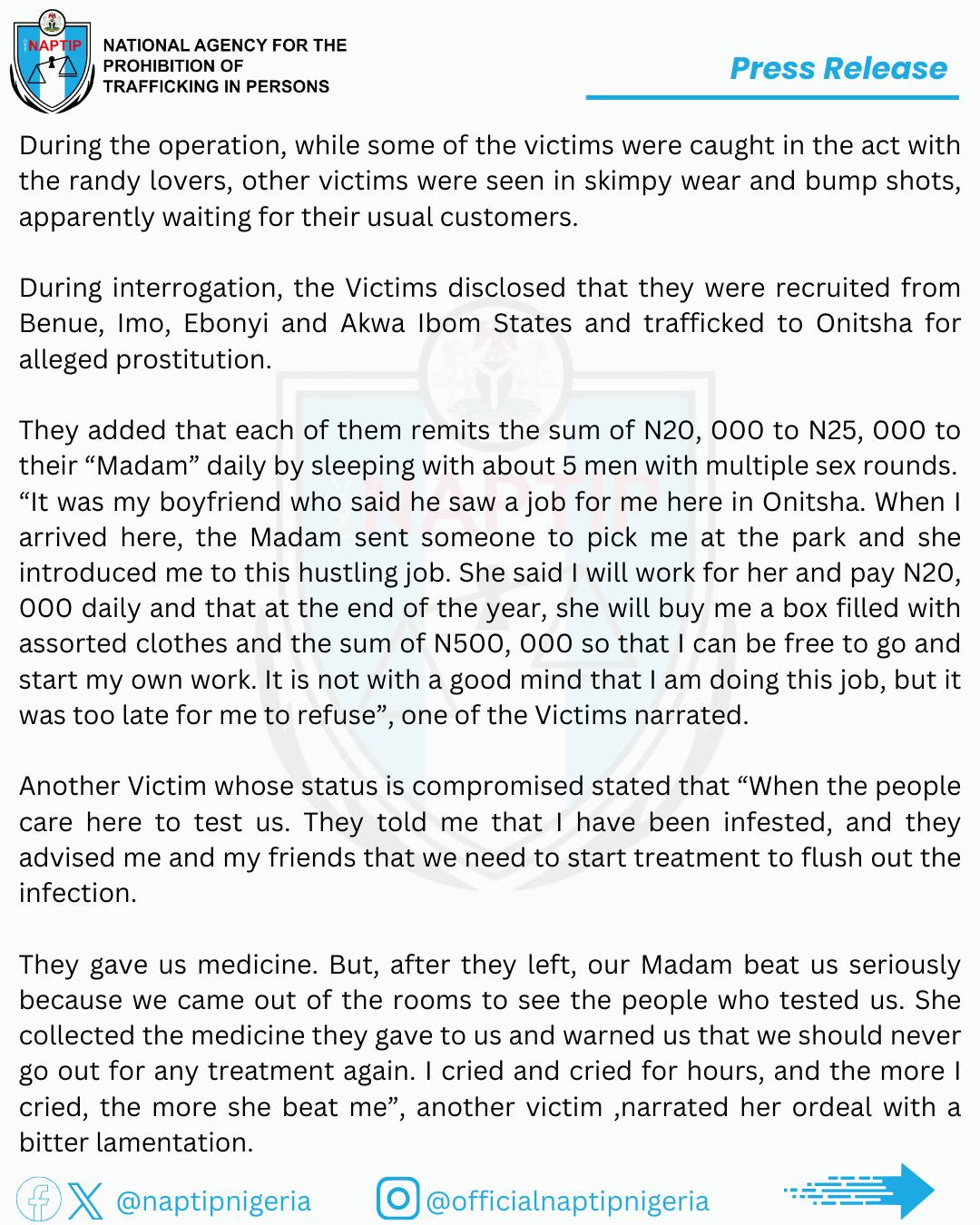 NAPTIP raids popular Onitsha hotel, arrests four, rescues 17 victims trafficked for pr0stitution