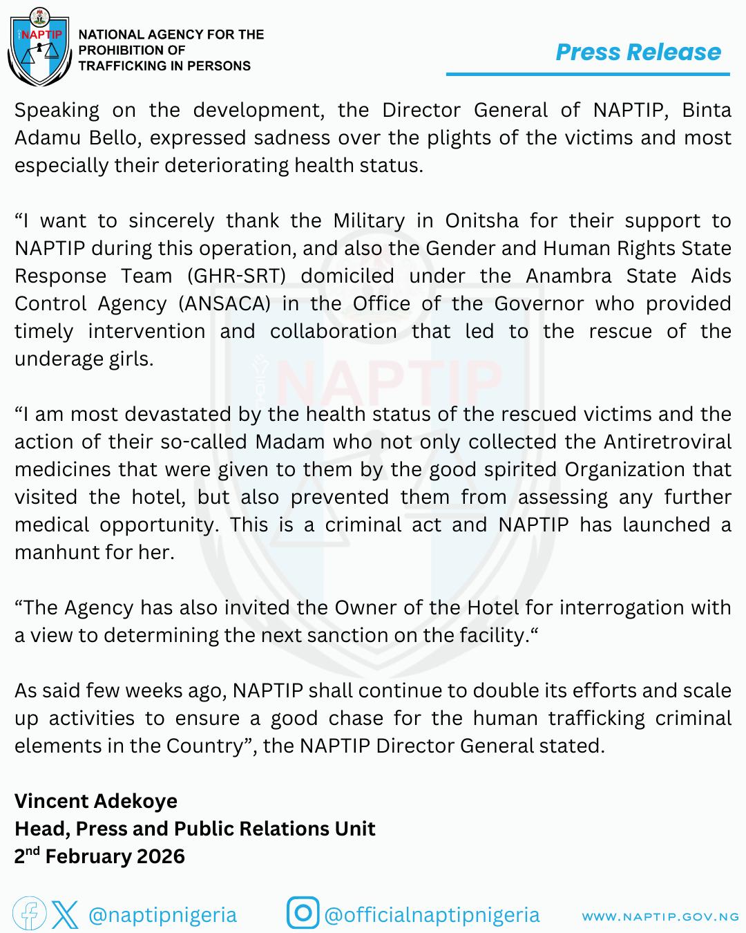 NAPTIP raids popular Onitsha hotel, arrests four, rescues 17 victims trafficked for pr0stitution