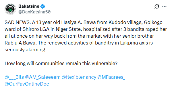 Bandits reportedly gang-r@pe 13-yea-old girl in Niger State