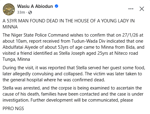 He allegedly convulsed and collapsed after she served him some food - Niger State Police spokesperson confirms d3ath of lecturer in young lady