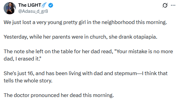 If your marriage ends, please allow the children to go with the mother - Nigerian lady advises men after 16-year-old girl committed su!cide